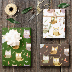 Woodland Owl Pattern, Kids Green Brown and White Wrapping Paper Sheet