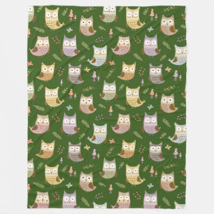 Woodland Owl Pattern, Kids Green Fleece Blanket
