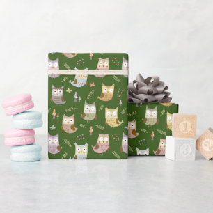 Woodland Owl Pattern, Kids Green Wrapping Paper