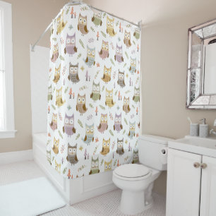 Woodland Owl Pattern, Kids White Bathroom Shower Curtain