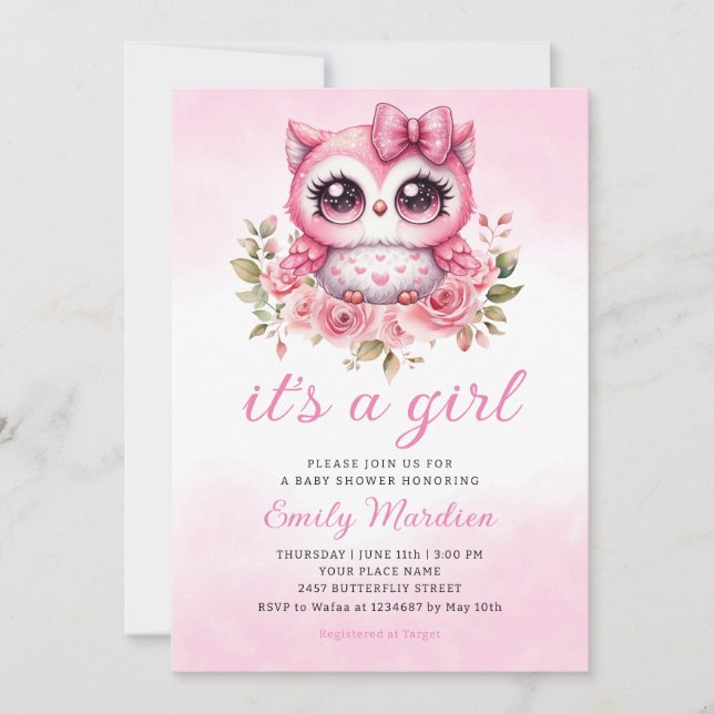 Woodland Owl Pink Boho Floral Girl Baby Shower  Invitation (Front)