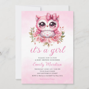 Woodland Owl Pink Boho Floral Girl Baby Shower Invitation