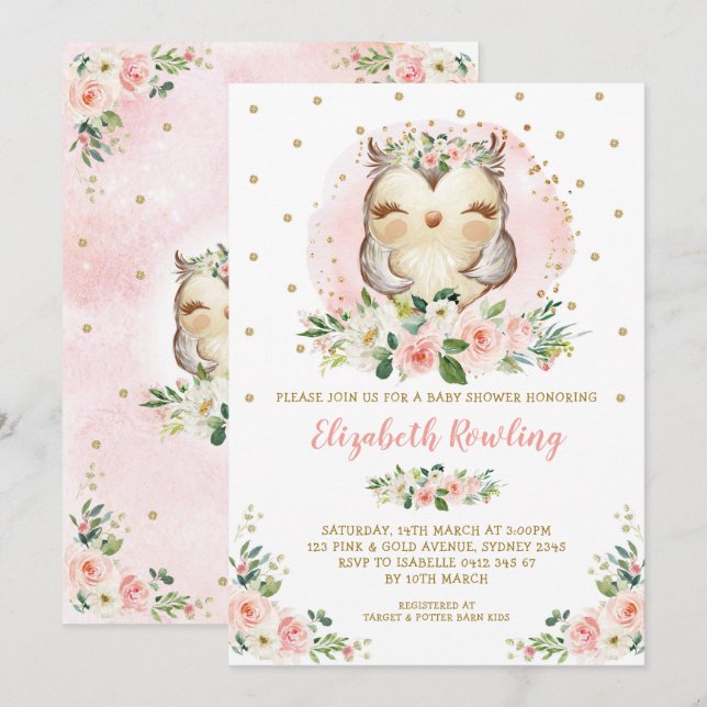 Woodland Owl Pink Gold Floral Girl Baby Shower Invitation (Front/Back)