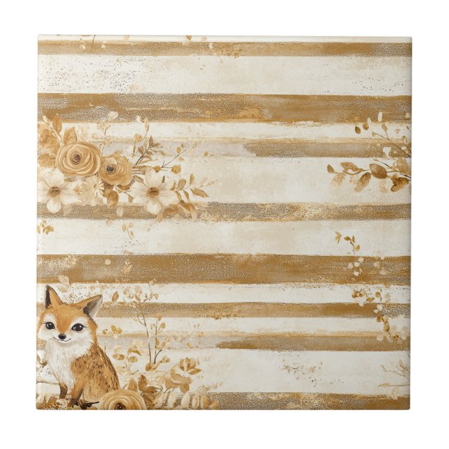 Woodland Owl Stripe with Golden Florals Tile (Front)