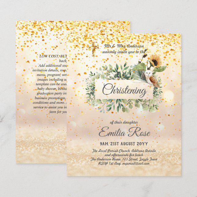 Woodland Owl Sunflower CHRISTENING Baptism Invite (Front/Back)
