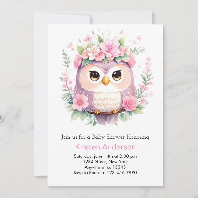 Woodland Owl's Pink Floral Girl Baby Shower Invitation (Front)