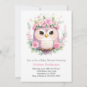 Woodland Owl's Pink Floral Girl Baby Shower Invitation