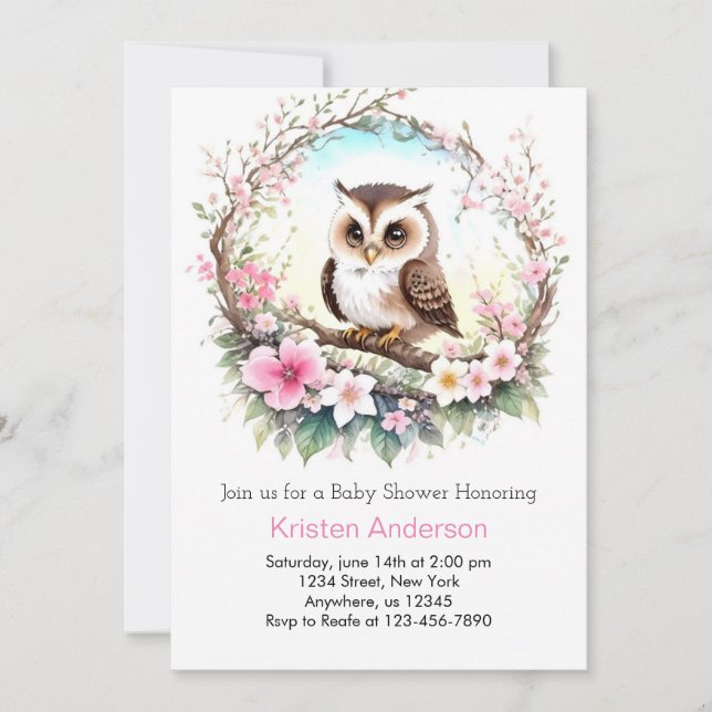 Woodland Owl's Pink Floral Girl Baby Shower Invitation (Front)