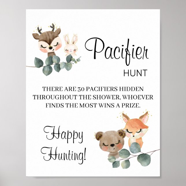 Woodland Pacifier Hunt Baby shower game sign (Front)