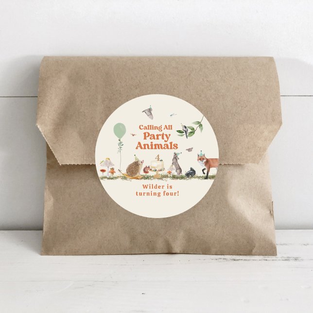 Woodland Party Animals Neutral Birthday Party Classic Round Sticker (Creator Uploaded)