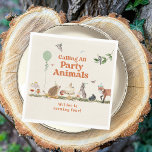 Woodland Party Animals Neutral Birthday Party Napkin<br><div class="desc">Party animal birthday theme featuring illustrations of woodland animals including owl,  hedgehog,  squirrel,  rabbit,  skunk,  fox,  and bird wearing party hats.  Cake decorated with berries at centre.  Personalise the number on the cake.  Also features butterflies,  green balloon and mushroom illustrations.</div>