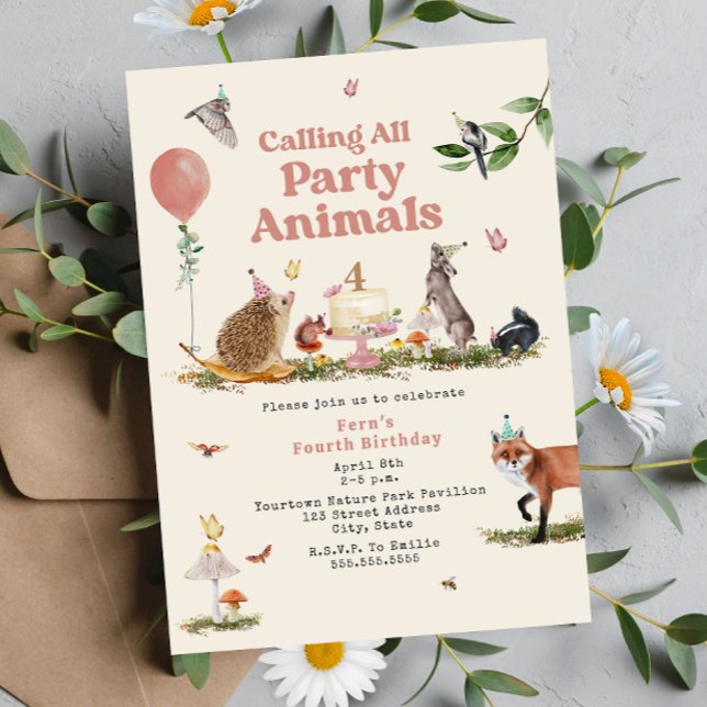 Woodland Party Animals Pink Birthday Party Invitation (Creator Uploaded)