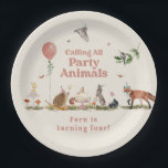Woodland Party Animals Pink Birthday Party Paper Plate<br><div class="desc">Party animal birthday theme featuring illustrations of woodland animals including owl,  hedgehog,  squirrel,  rabbit,  skunk,  fox,  and bird wearing party hats.  Cake decorated with flowers at centre.  Personalise the number on the cake.  Also features butterflies,  pink balloon and mushroom illustrations.</div>