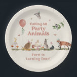 Woodland Party Animals Pink Birthday Party Paper Plate<br><div class="desc">Party animal birthday theme featuring illustrations of woodland animals including owl,  hedgehog,  squirrel,  rabbit,  skunk,  fox,  and bird wearing party hats.  Cake decorated with flowers at centre.  Personalise the number on the cake.  Also features butterflies,  pink balloon and mushroom illustrations.</div>