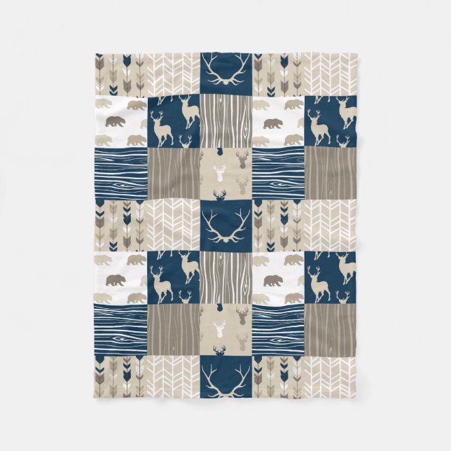 Woodland Patchwork Blanket in Tan and Navy Blue (Front)