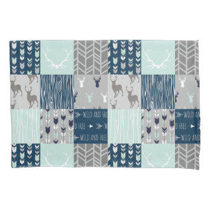 Woodland Patchwork in mint,navy, and grey Pillowcase