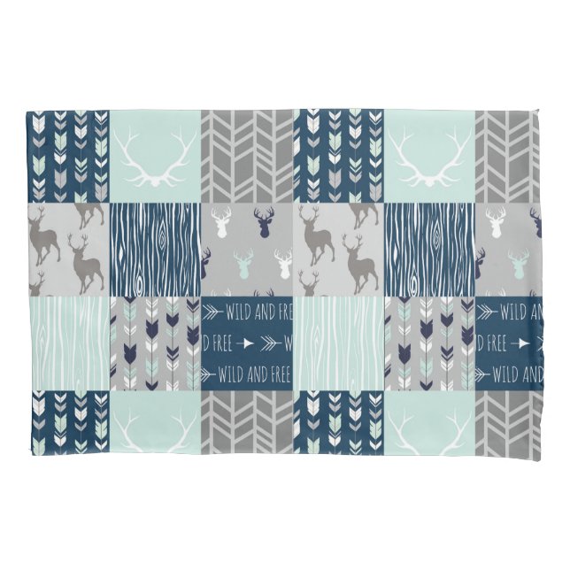 Woodland Patchwork in mint,navy, and grey Pillowcase (Front)