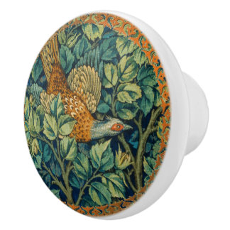 Woodland Pheasant Blue Green Leaves Art Nouveau Ceramic Knob
