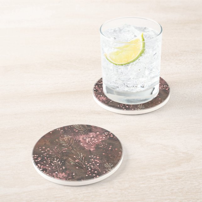 Woodland Pine & Berries Soft Pinks Festive Pattern Coaster (Side)