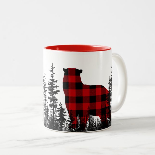 Woodland Pine Forest Buffalo Plaid Bear Two-Tone Coffee Mug (Front Right)