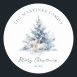 Woodland Pine Forest Deer Merry Christmas Classic Round Sticker<br><div class="desc">A cute baby deer is nestled in winter pine branches. Merry Christmas is written in a simple script below,  with an additional line below to customise the measure further. All of the text on this card can be edited.</div>