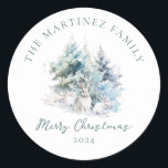 Woodland Pine Forest Rabbit Merry Christmas Classic Round Sticker<br><div class="desc">Woodland scene features a charming rabbit family frolicking in a rustic,  snowy,  winter pine tree forest. Merry Christmas is written in a simple script below,  with an additional line below to customise the measure further. All of the text on this card can be edited.</div>