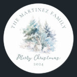 Woodland Pine Forest Rabbit Merry Christmas Classic Round Sticker<br><div class="desc">Woodland scene features a charming rabbit family frolicking in a rustic,  snowy,  winter pine tree forest. Merry Christmas is written in a simple script below,  with an additional line below to customise the measure further. All of the text on this card can be edited.</div>