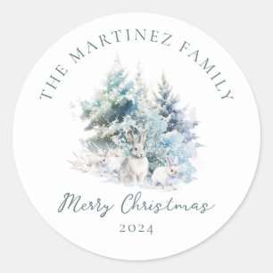 Woodland Pine Forest Rabbit Merry Christmas Classic Round Sticker