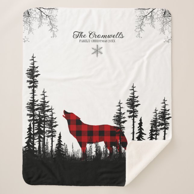 Woodland Pine Forest Wolf Family Christmas Name Sherpa Blanket (Front)