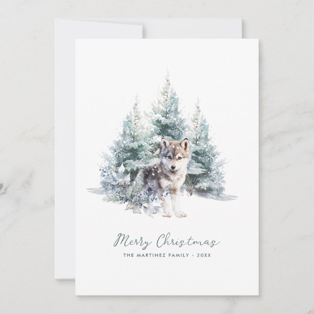 Woodland Pine Forest Wolf Merry Christmas Holiday Card (Front)