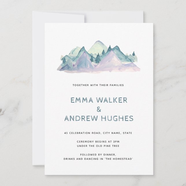 Woodland Pine Mountains Nature Green Blue Wedding Invitation (Front)