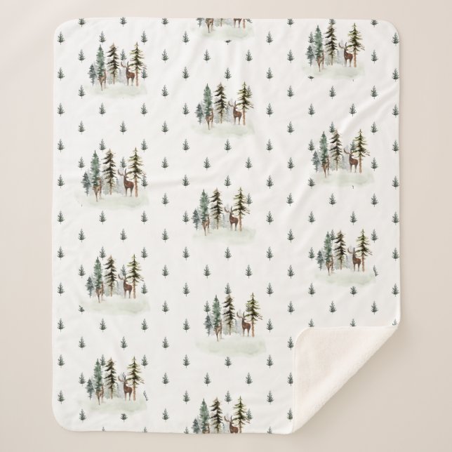 Woodland Pine Tree Forest Reindeer Sherpa Blanket (Front)
