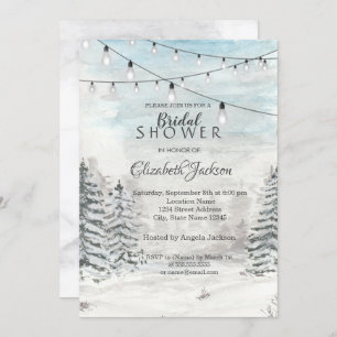 Woodland,Pine Trees, String Lights, Watercolor  Invitation