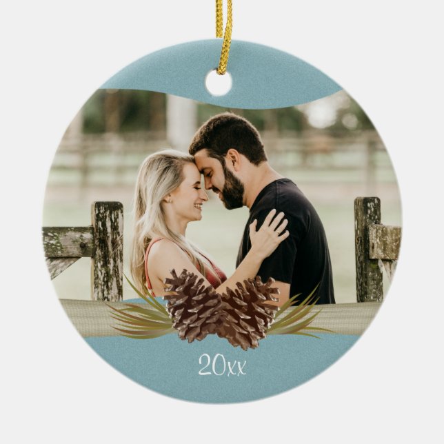 Woodland Pinecones Blue Photo Ceramic Tree Decoration (Front)