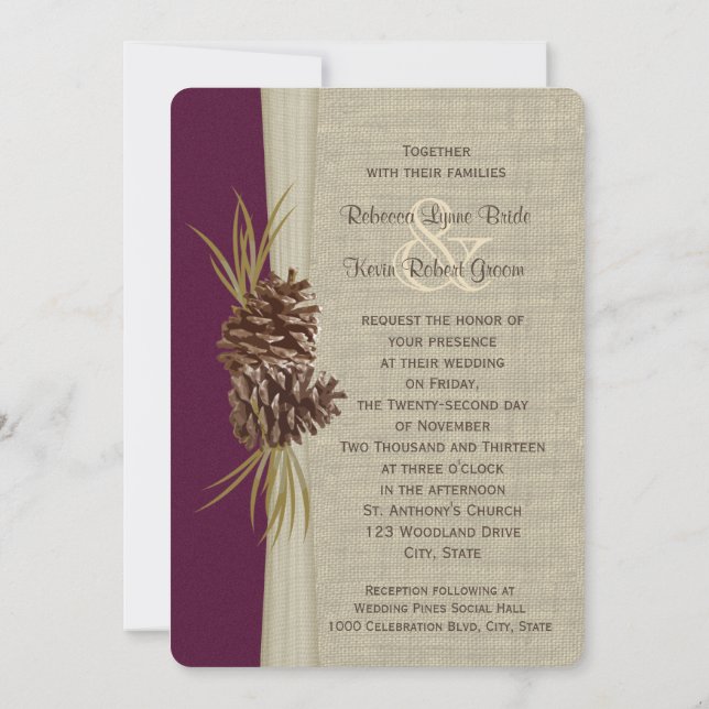 Woodland Pines Deep Plum Wedding Invitation (Back)