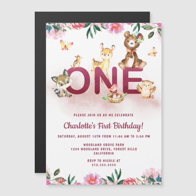 Woodland Pink 1st Birthday Magnetic Invitation (Front/Back)