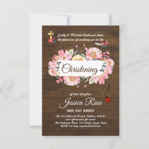 Woodland Pink Floral Christening Invite Baptism 