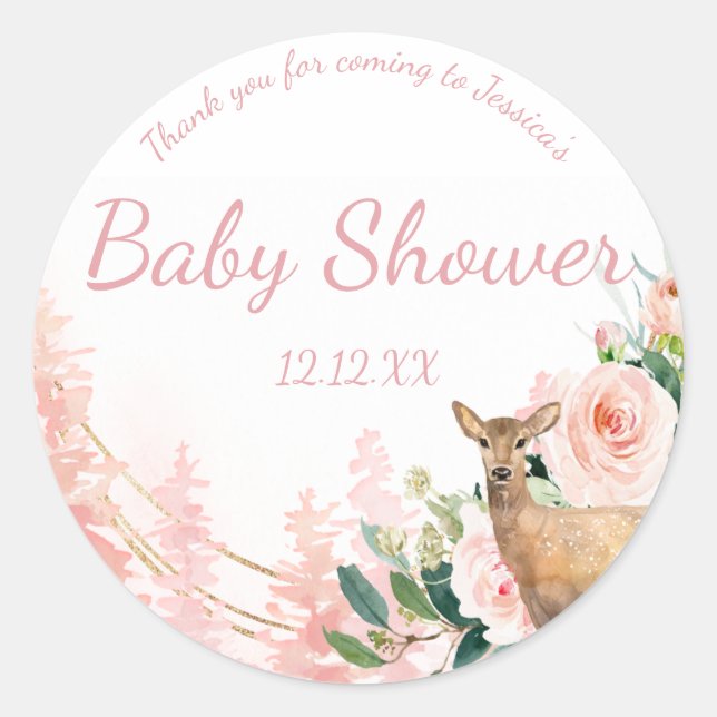 Woodland Pink Floral Deer Classic Round Sticker (Front)