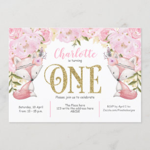 Woodland, Pink Floral, Fox, Girl, 1st birthday Invitation