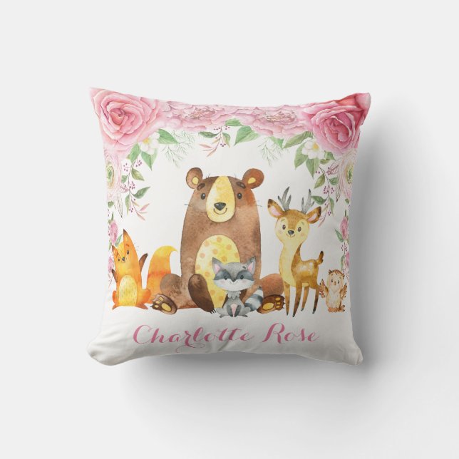Woodland Pink Floral Roses Baby Girl Nursery Decor Cushion (Front)