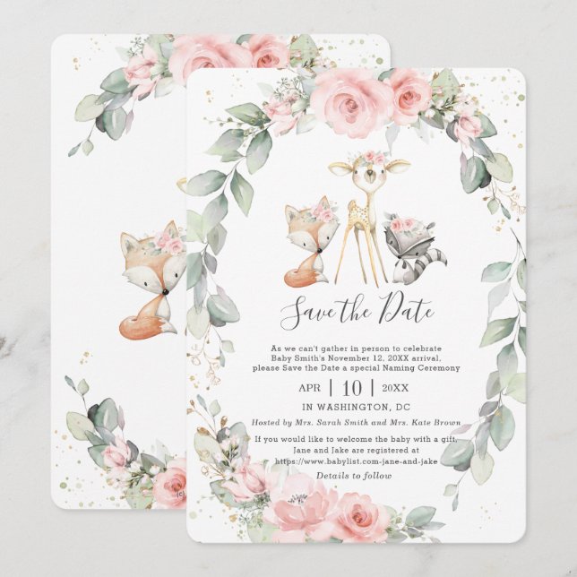 Woodland Pink Floral Save the Date Baby Naming Invitation (Front/Back)