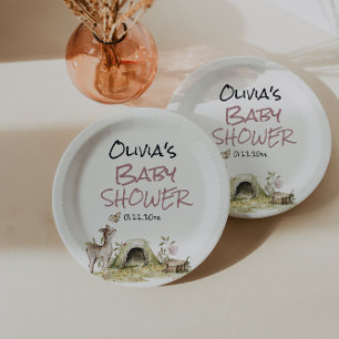 Woodland Pink Girl Deer Forest Animal Baby Shower Paper Plate