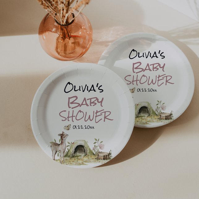 Woodland Pink Girl Deer Forest Animal Baby Shower Paper Plate (Creator Uploaded)
