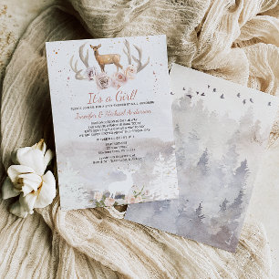 Woodland Pink Girl Deer Forest Baby Shower By Mail Invitation
