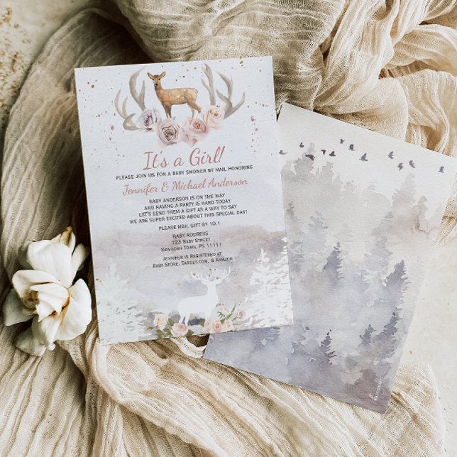 Woodland Pink Girl Deer Forest Baby Shower By Mail Invitation (Creator Uploaded)