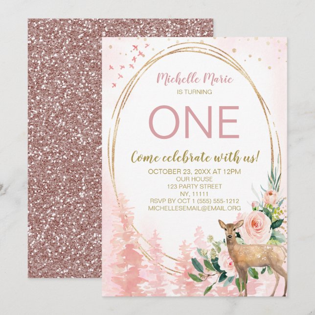 Woodland Pink Gold Floral First Birthday Invitation (Front/Back)