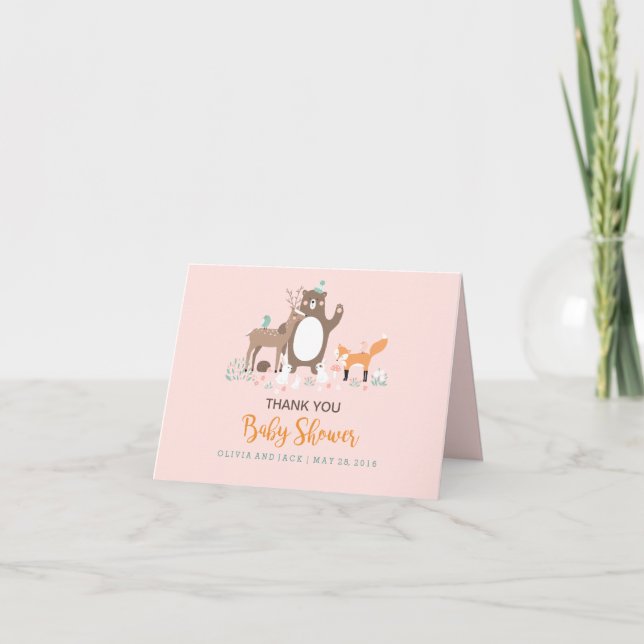 Woodland Pink Orange Baby Shower Thank You Card (Front)