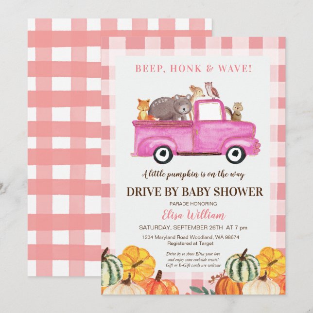 Woodland Pink Truck Drive By Baby Shower Invitation (Front/Back)