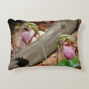 Woodland Pink Wild Lady Slipper Orchid Flowers  Decorative Cushion
