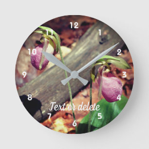 Woodland Pink Wild Lady Slipper Orchid Flowers  Round Clock